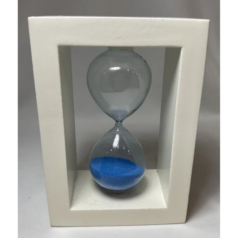 Vintage Blue Sand Timer Hourglass White Wood Frame Desk Kitchen Decor